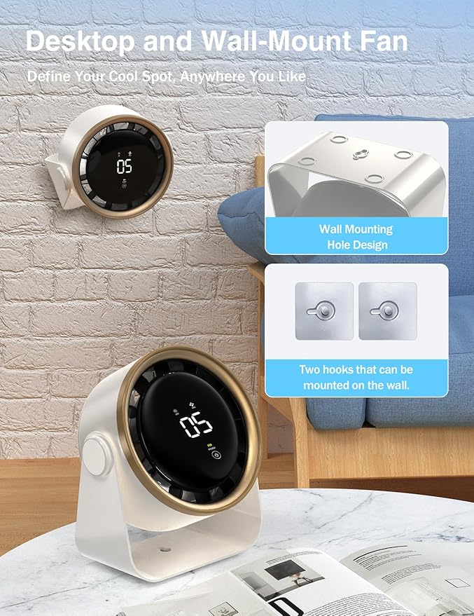 Small Desk Fan, Ultra-Quiet Desktop Air Circulator, Touch Screen Control, Multi-Speed Desktop Fan with LED Light, Quiet Table Fan for Bedroom, USB Rechargeable Small Fan for Desk (White)