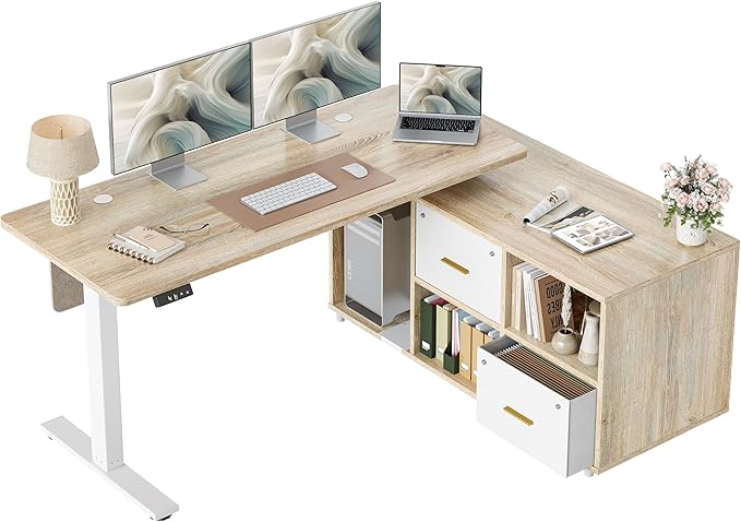 TIQLAB L Shaped Standing Desk with Privacy Protection Panel, 61.4" x 47.2" Height Adjustable Corner Executive Desk with Drawers and Shelves, Standing Computer Desks for Home Office, Maple