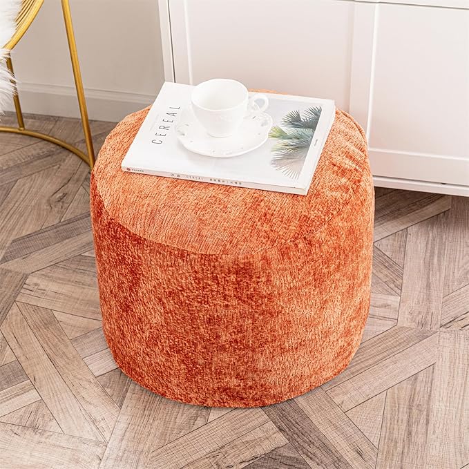 Boucle Round Pouf Ottoman - All-in-One Solid Foam Filled Foot Rest, Multifunctional Coffee Table & Floor Seat for Living Room, Bedroom - Orange