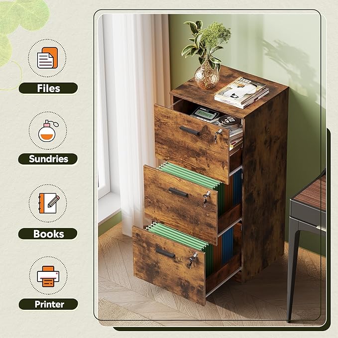 DEVAISE 3 Drawer File Cabinet, Wood Vertical Filing Cabinet with Lock, Home Office File Storage Cabinet for Letter and A4 Size, Rustic Brown