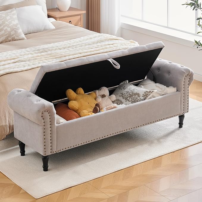 67'' End of Bed Bench King Size, Storage Bench for Bedroom End of Bed, Upholstered Tufted Storage Ottoman Benches with Arms for Living Room, Entryway, Windows, Light Grey