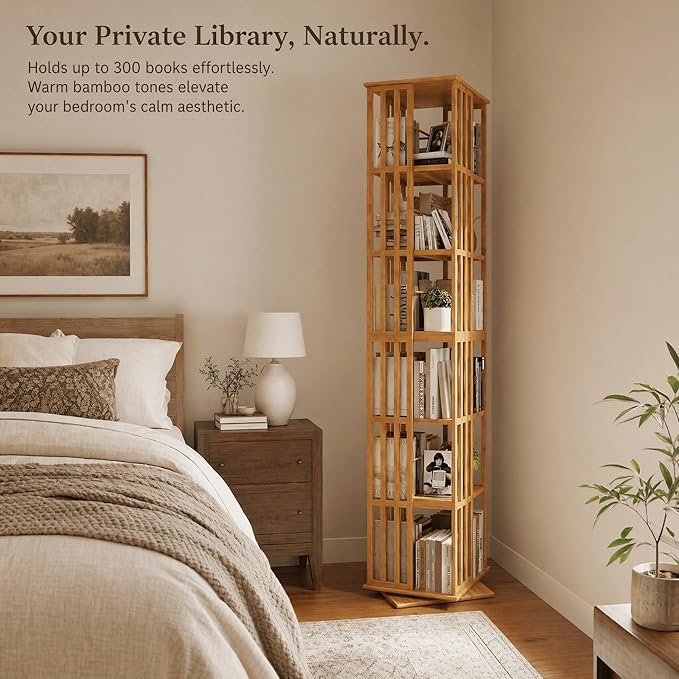 Lauxery Rotating Bookshelf Tower– 6 Tier 360° Spinning Bookshelf | Space-Saving Floor Standing Bamboo Revolving Bookcase for Small Space, Home Offices & Reading Corners | Nature