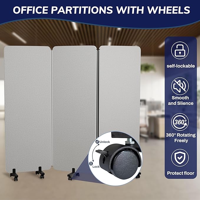 3 Panel Foldable Office Partitions, Mobile Cubicle Wall with Wheels, 71 x 66 Inch Noise Cancelling & Sound Proof Room Dividers Partition Wall, Aluminum Frame Gray