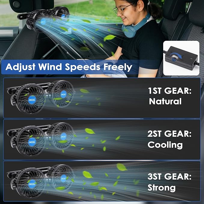 XOOL USB Dual Head Backseat Car Fan – 360° Rotatable Rear Seat Air Circulator with Stepless Speed & Adjustable Clip for Kids in SUV, Truck, RV