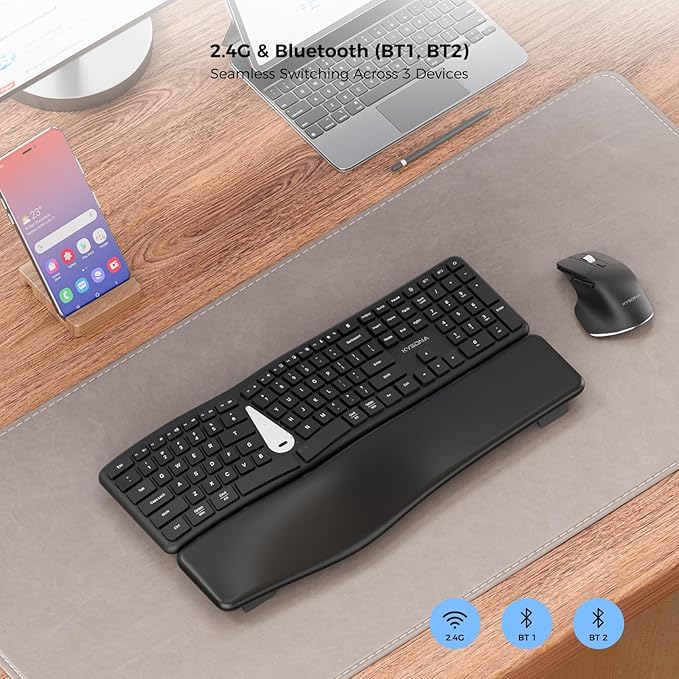 KYSONA Ergonomic Keyboard Mouse Wireless Combo, Full Size Bluetooth Split Keyboard with Wrist Rest, 4 Level DPI Ergo Mouse for Windows Mac OS Computer, Black