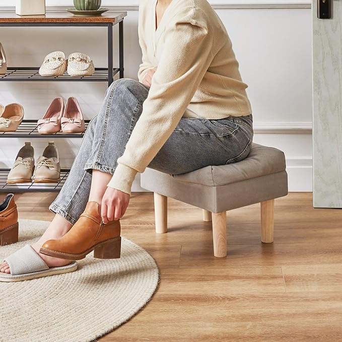 YMYNY 15.75" Small Foot Stool Ottoman, Footrest with Sponge Soft Padded Seat, Cotton-Linen Blend Fabric Footstool for Sofa, Bedroom, Living Room, Entryway, Solid Wood Legs, Gray, UHBD023G