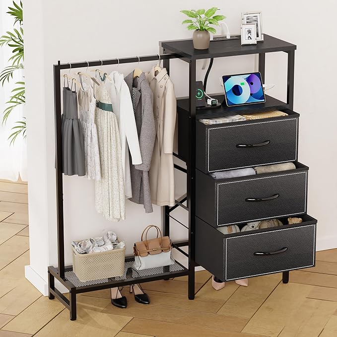 Dresser for Bedroom with Hanging Rack, 3 Drawers Closet with Charging Station, Fabric Chest of Drawers with Clothes Rack, Storage Organzier for Hallway Entryway, Black