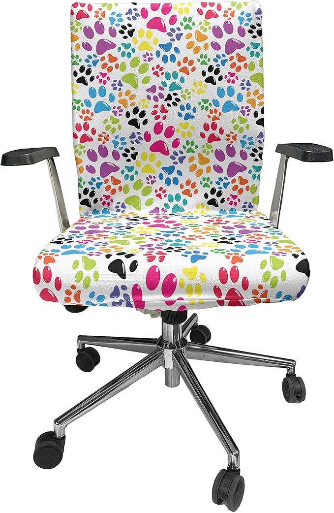Ambesonne Dog Office Chair Cover, Colorful Little Paws Steps Art Cartoon Unusual Traces Design, Stretchable Decorative Universal Size High Back Printed Slipcover, Purple Blue