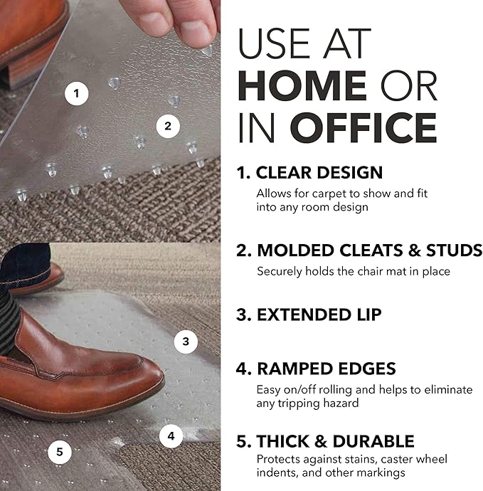 HON Office Chair Mat for Carpet, Computer Desk Chair Mat for Carpeted Floors, Easy Glide in Office or Home with Extended Lip (36” x 48”)