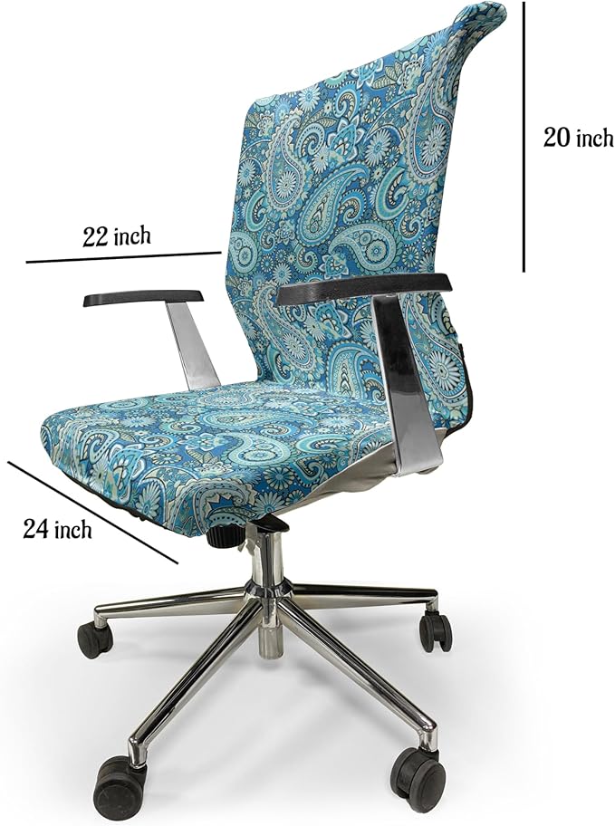 Ambesonne Blue Paisley Office Chair Cover, Folk Ornament Flower Like Elements Buta Motifs Illustration Print, Stretchable Decorative Universal Size High Back Printed Slipcover, Blue Green