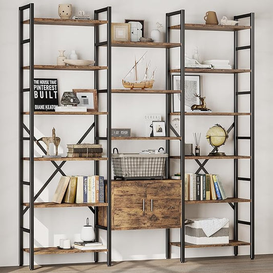 70x78 “ Triple 6 Tier Book Shelf, Industrial Large Bookcase with Storage Cabinet, Tall Bookshelf with 16 Open Display Shelves Metal Frame Furniture for Living Room Bedroom Home Office Brown