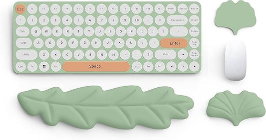 Keyboard Wrist Rest Pad Set, Leaf Shape PU Leather Memory Foam Wrist Cushion Support,Mouse Wrist Rest Pad,Non-Slip Wrist Support for Easy Typing Pain Relief, Green Leaf
