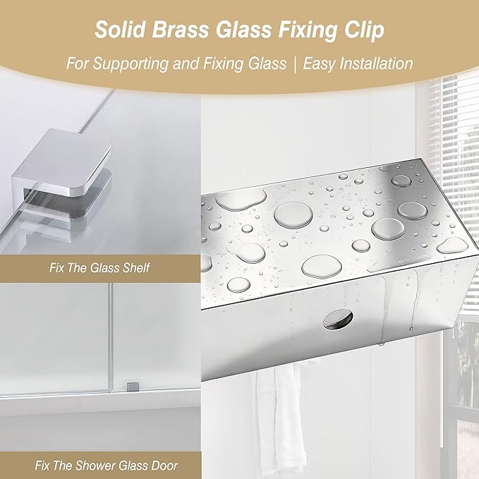 Solid Brass Glass Clamp – Fixed Mount Bracket Hardware Kit for 3/8" to 1/2" (10-12mm) Glass, Chrome Finish