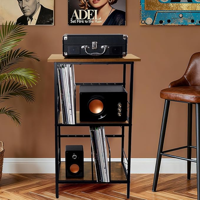 Record Player Stand with 4 Adjustable Dividers, Vinyl Record Storage Holds 200 LPs, 3 Layer End Table, Multi-Functional Record Player Table for Home, Rustic Brown