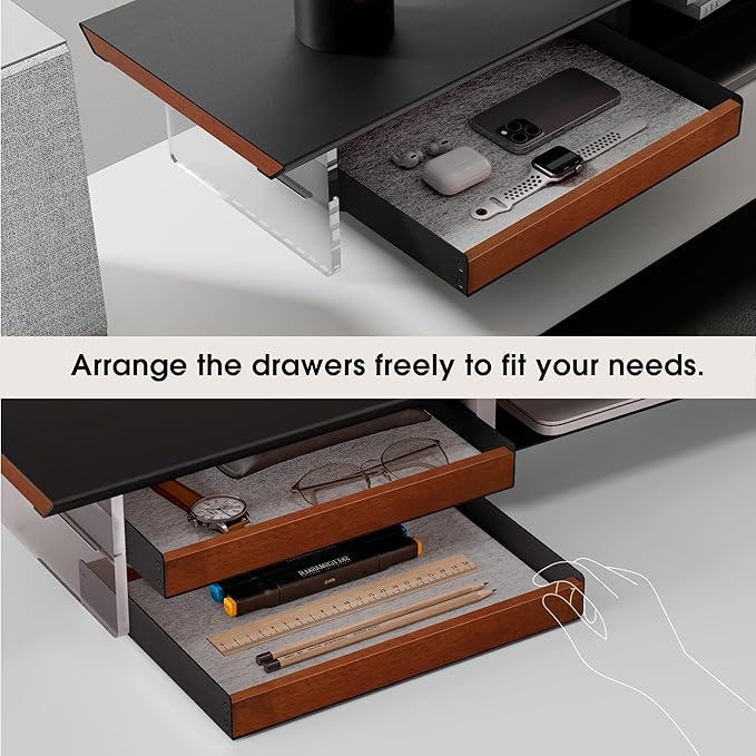 Fenge 42.5” Dual Monitor Stand with 2 Drawers, Metal Wood Monitor Riser with Acrylic Legs, 2-Tier Desktop Shelf Storage Organizer for Computer, Laptop, Printer, TV, Black
