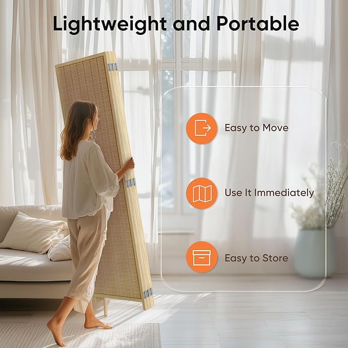 JOSTYLE Room Divider Folding Privacy Screen, 6 Panel Room Divider Screen - 6 ft. Tall Bamboo Divider Panel for Room Separation Freestanding Partition Wall, Beige, 70.9" H x 119" W