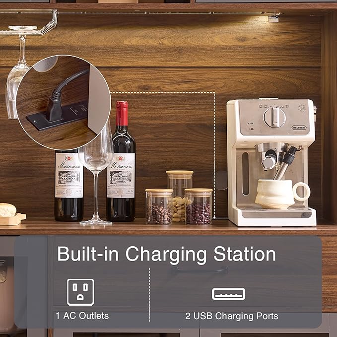 Fatmok 71" Pantry Cabinet with Wine Rack and Charging Station, Set of 2 Tall Coffee Bar Cabinets with LED Lights, Drawer, Adjustable Shelves, Kitchen Hutch Storage, Rustic Brown