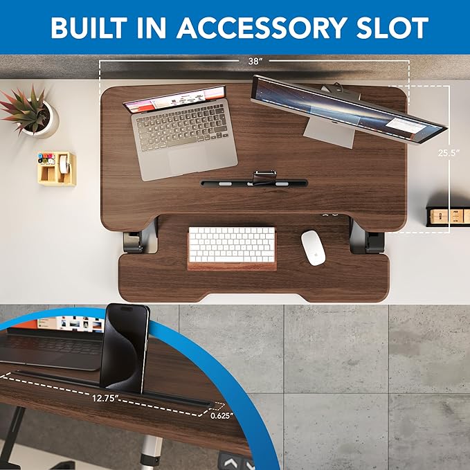 Mount-It! Electric Standing Desk Converter with 38" Tabletop, Height Adjustable Desk Riser, Motorized Desk Riser with Keyboard Tray and Device Slot, Fits Monitor & Laptop, Dark Walnut