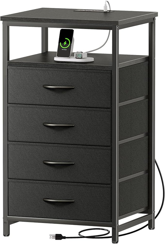 Huuger Night Stand with Charging Station, 4 Drawer Dresser for Bedroom, Bedside Table, 33.9 Inch Tall Nightstand with Open Shelf, End Table, for Closet, Entryway, Bedroom, Black