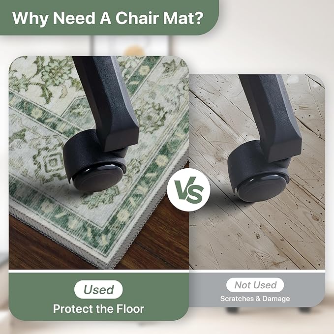 36"x48" Office Chair Mat for Hardwood Tile Floor, Under Desk Carpet Protector for Rolling Computer Chair Mat, Machine Washable Area Rug, Anti-Slip 1/5" Thick Low Pile Thin Vinyl Floor Mat, Green