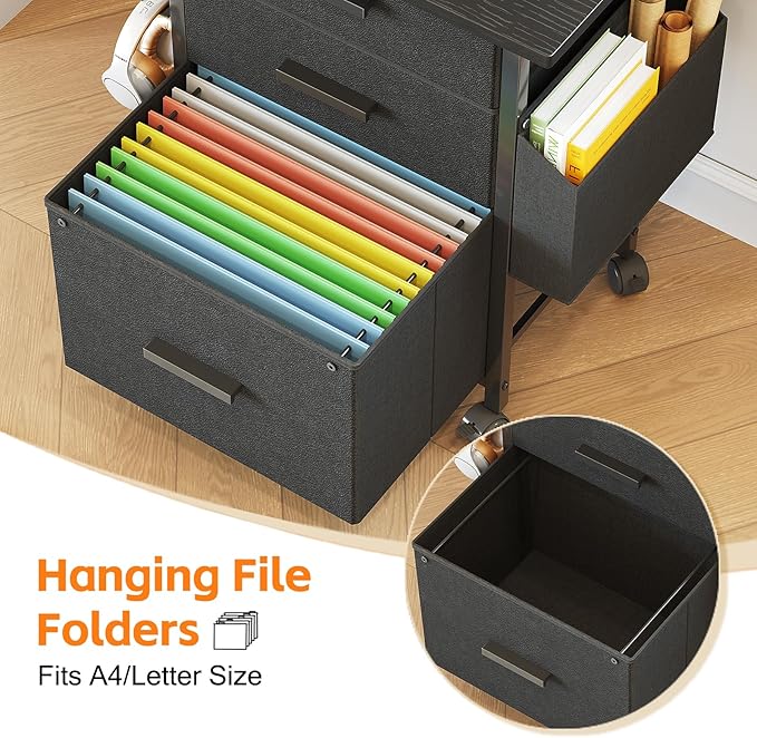 Mexin 3 Drawer File Cabinet with 24'' Extended Desktop, Mobile Filing Cabinet, Printer Stand, Rolling Printer Stand with Side Bag, Fabric Drawer, Fits A4 Size, Home Office, Black