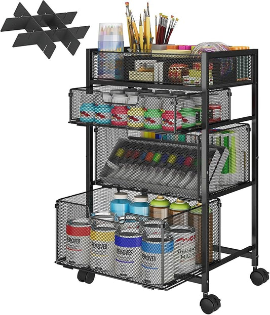 4-Tier Rolling Utility Cart with 3 Drawers, Craft Organizer and Storage with DIY Divider, Art-Craft Supplies with Caster Wheels, Multi-Functional Storage for Classroom, Office, Paints, Artifacts
