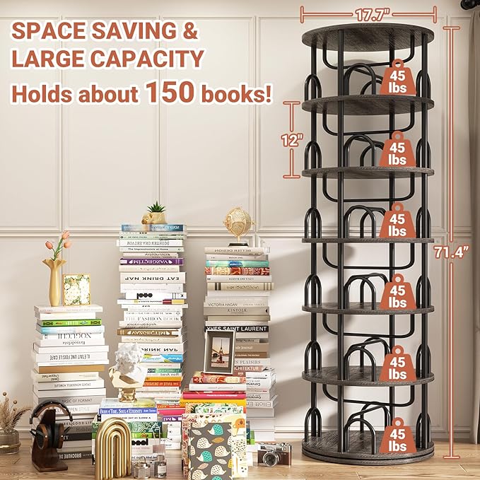 Aheaplus 6 Tier Rotating Bookshelf Tower, Revolving Bookcase, 360° Round Spinning Book Shelf, Narrow Swivel Bookshelves Vertical Turning Corner Bookshelf Organizer for Small Space, Black Oak