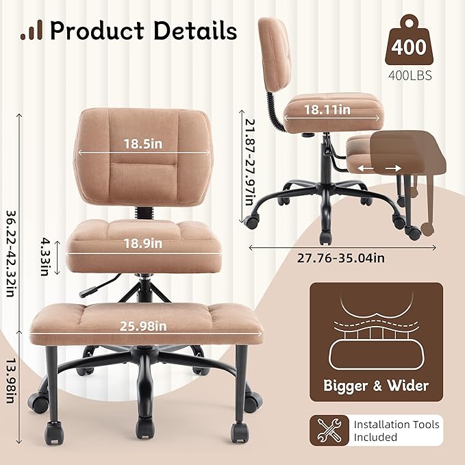 Ergonomic Criss Cross Legged Office Chair, ADHD Chair, 360° Swivel Meditation Kneeling Chair with Wheels, Adjustable Footrest, Bigger & Wider Height Adjustable Seat, Strong Lumbar Support, Browncloth