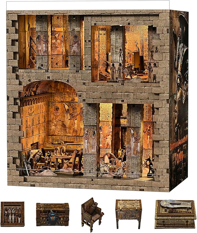 fifijoy Book Nook Kit - Egyptian Pharaohs Tomb DIY Miniature House Kit for Adults and Teens, Dollhouse BookNook Tiny House, Bookshelf Decor 3D Wooden Puzzle, Unique Gifts for Family and Friends