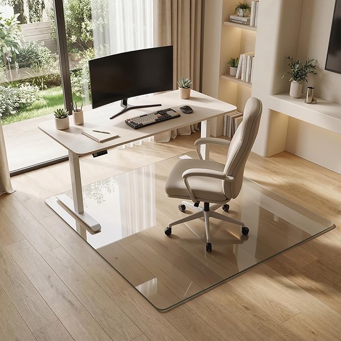 Tempered Glass Chair Mat for Hardwood Floor, 45" x 45" Heavy Duty Glass Office Chair Mat, for Low Pile Carpet, 0.2" Thick with 4 Non-Slip Pads, Smooth Rolling for Home & Office