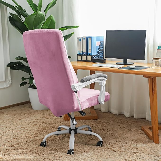 FORCHEER Velvet Large Office Chair Cover Pink Stretchable Computer Armchair Slipcover for Desk Chair Elastic Protector for Pets 1 Piece Washable Removable
