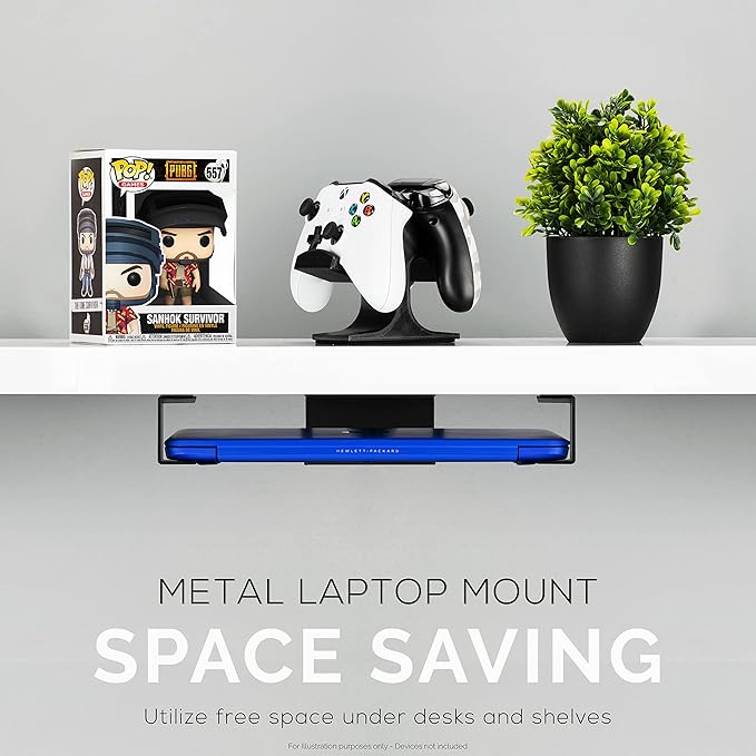 Under Desk Laptop Holder Mount For Desk, Adhesive & Screw In, Devices upto 1.5" Thick like Macbooks, Surface, Keyboard, Routers, Modems, Cable Box, Network Switch & More (Metal Black) By Brainwavz