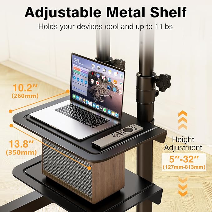 Mobile TV Stand Rolling TV Cart Floor Stand with Mount on Lockable Wheels Height Adjustable Shelf for 32-83 Inch TV Stand Flat Screen or Curved TVs Monitors Display Trolley (Black with 2 Shelves)