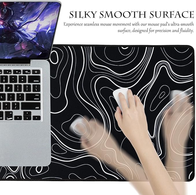 ALOANES Waterproof Mouse Pad with Durable Stitched Edge, XL Gaming Keyboard Pad, Non-Slip Rubber Base, Extended Desk pad for Gamer, Office & Home, Black Topographic Map Mousepad 35.4''x 15.7''x 0.12''
