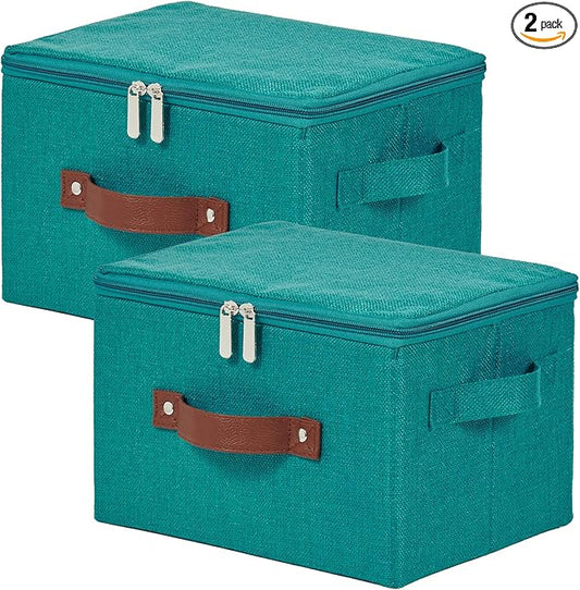 2 Pack Storage Bins with Zipper Lid Cotton Linen Fabric Lidded Storage Baskets Boxes Foldable Washable Closet Shelf Clothes Organizer Container with PU Leather Handles (Teal Blue, Small)