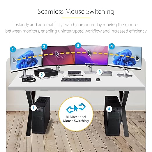 StarTech.com 4-Port KM Switch with Mouse Switching, USB 3.0 Switcher, Keyboard/Mouse Sharing, 3.5mm/USB Audio, TAA Compliant