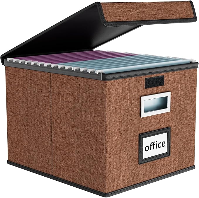 Upgrade Portable File Organizer Box with Lid,Large Linen Hanging Office Document Storage Box with Lid,Collapsible Filing&Storage Box for Office/Decor/Home-14.9x12.7x10.8in,1pk-without folders