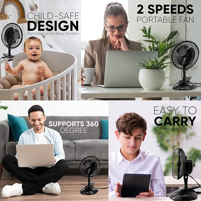 RamPro Portable Desk and Clip on Fan, 6 Inch Fans Small and Quiet Plug In, Small Personal Cooling Fan for Desk Home Bedroom Office, 2 Speed, Adjustable Tilt, Black