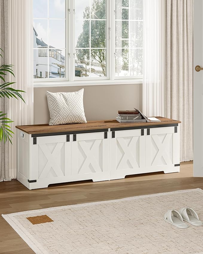 Hzuaneri 59" Storage Chest, Large Storage Trunk with 2 Hinges, Farmhouse Wooden Box Bench, Lift-Top Organizer Chest, Entryway Trunk for Bedroom, Living Room, White and Brown SB15014X