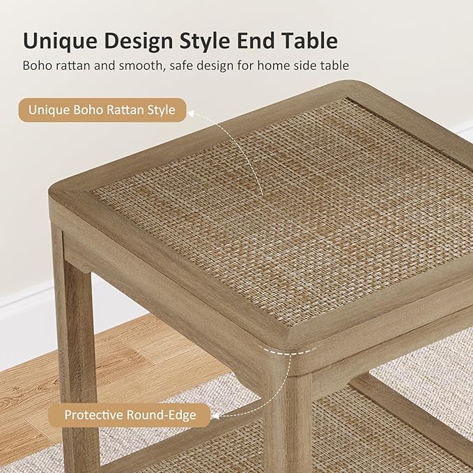 Eclatara End Table, Farmhouse Square Nightstand with 2 Tier Boho Rattan Shelves, Protective Round Edge, Ultra-Thick Stable Legs Side Table for Bedroom, Caramel Oak
