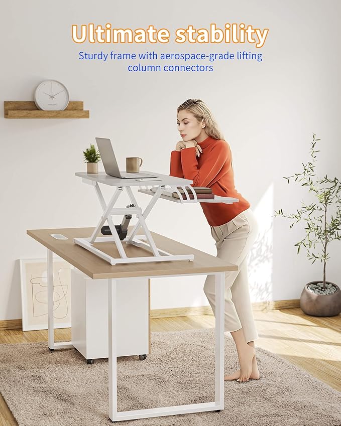 YIHAYO Electric Standing Desk Converter 32 inch, Sit to Stand Up Height Adjustable Desk Riser, Quick Sit to Stand Tabletop Dual Monitor Riser Workstation for Home Office with Keyboard Tray, White