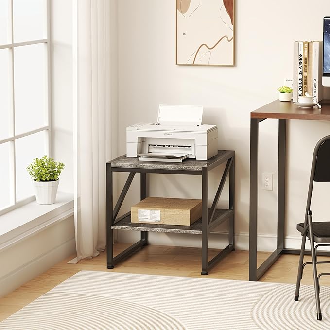End Table with Charging Station, 20 Inch Square Printer Stand with USB Ports & Power Outlets, Mini Fridge Stand with 2-Tier Storage Shelf Adjustable, Industrial Wood Nightstand for Small Spaces, Grey
