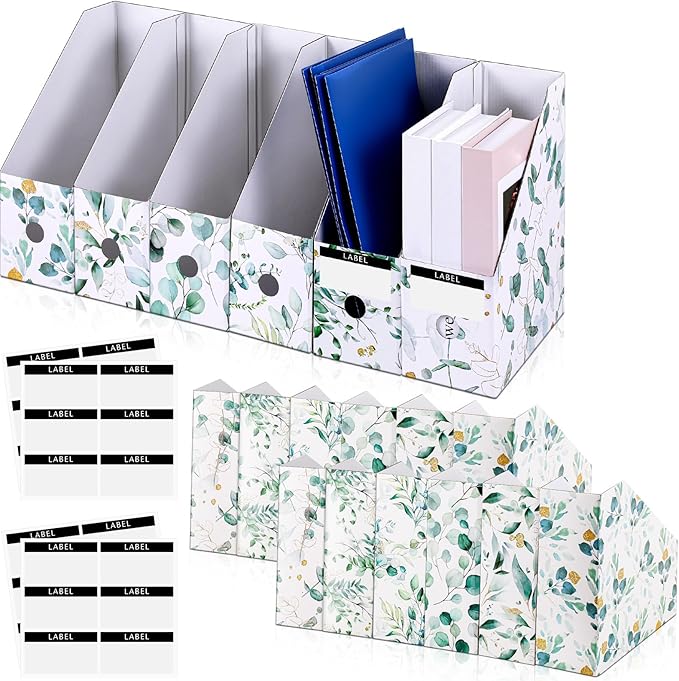 PerKoop 12 Pcs Decorative Magazine File Holders Floral Foldable File Folders Magazine Storage Boxes Rack Desk Organizer Documents with Printable Labels for School Office Home (Eucalyptus Leaves)