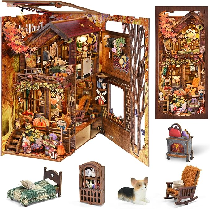 TOYQI Book Nook Kit, Book Nook Kits for Adults, DIY Miniature Dollhouse Kit 3D Wooden Puzzle Booknook Bookend with LED Light