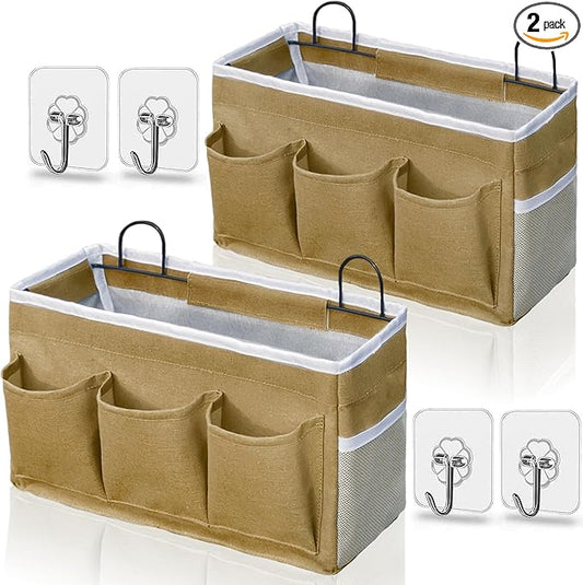 Kanrichu 2pcs 3-pockets Large Wall Hanging Organizer Bag, Linen Fabric Door Hanging Storage Baskets with Pockets, Waterproof Bin for Kitchen, Bedroom, Office, RV Camper (Khaki-2pcs)