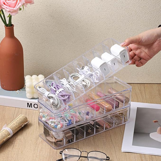 3 Pack Cable Organizer Storage Box with 30 Wire Ties and Sticker, Clear Cord Storage Organizers with Lid, Phone Charger Organizer Case Wire Organizers, Desktop Cable Management Box for Home Office