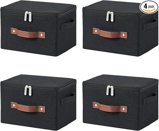 4 Pack Storage Bins with Zipper Lid Cotton Linen Fabric Lidded Storage Baskets Boxes Foldable Washable Closet Shelf Clothes Organizer Container with PU Leather Handles (Black, Small)
