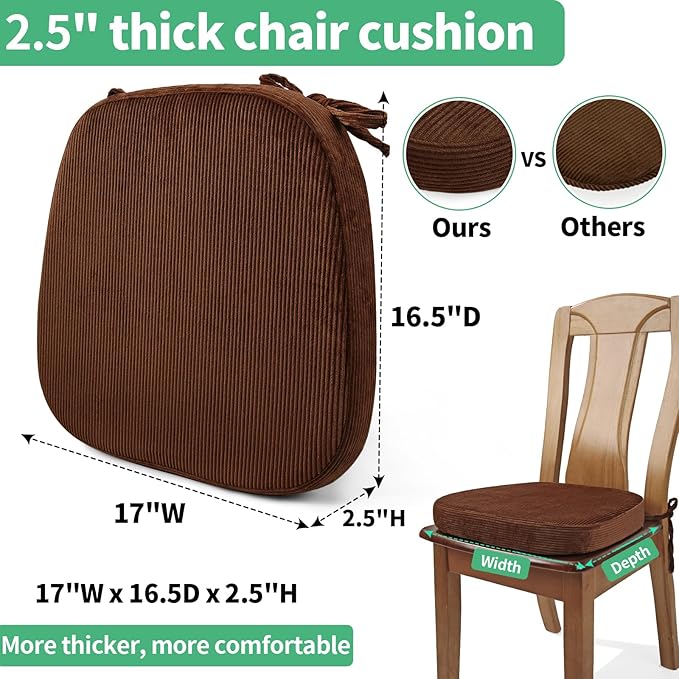 2.5" Thick Chair Cushions for Dining Chair, Corduroy High Density Foam Kitchen Chair Pads, U Shaped Indoor Seat Cushions with Ties & Non-Slip Backing, Washable Cover, 17''x16.5'', Brown