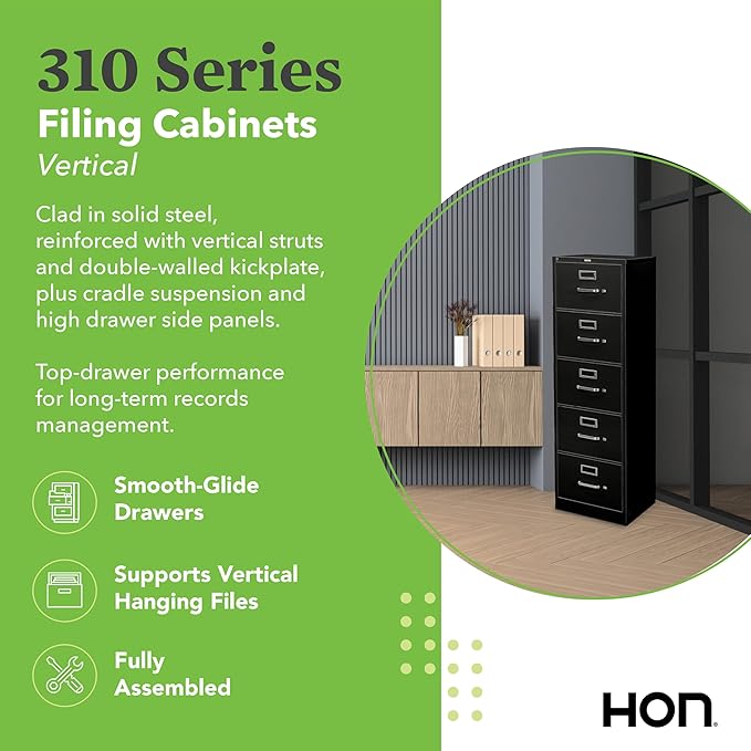 HON 5 Drawer Vertical File Cabinet with Lock, Metal Filing Cabinets with 5 Drawers for Hanging Files and Letter Files, 26.5" Deep, Black