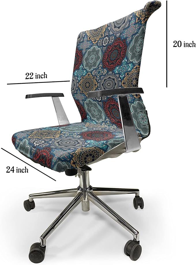 Ambesonne Moroccan Office Chair Cover, Patchwork Style Vintage Ottoman Inspiration Retro Motifs, Stretchable Decorative Universal Size High Back Printed Slipcover, Brown Blue